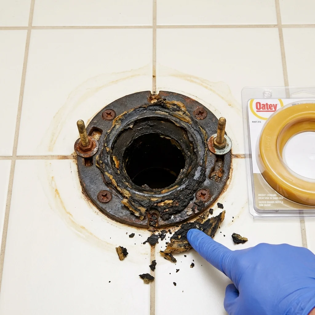 Failed wax ring showing water seepage at the base of a toilet in a Bay City, OR home