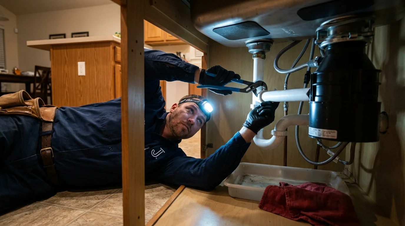 P-trap and supply line connections under a kitchen sink showing a common leak point in Bay City, OR